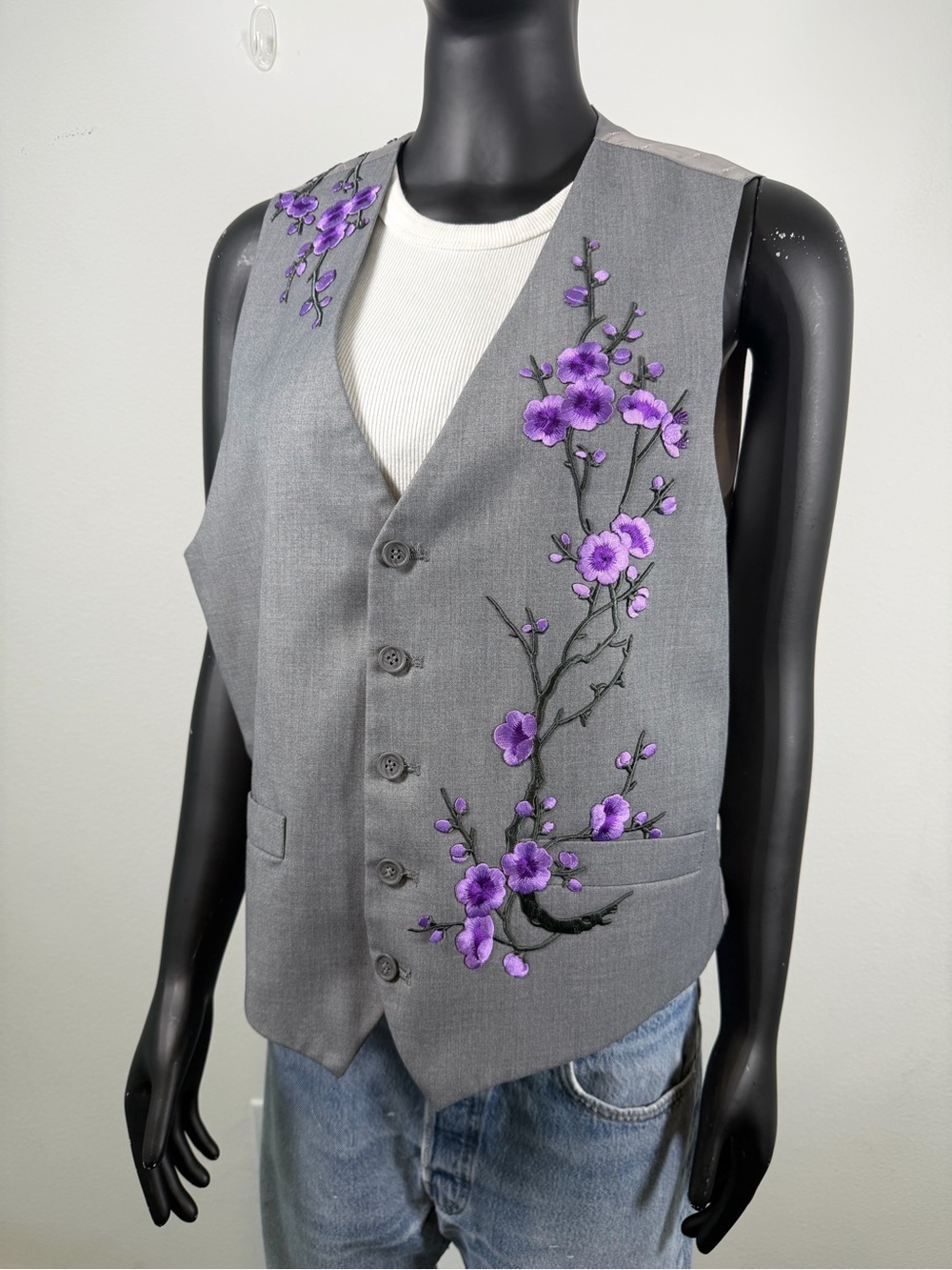 One-of-a-kind Gray Men's Vest with Iron On Flowers